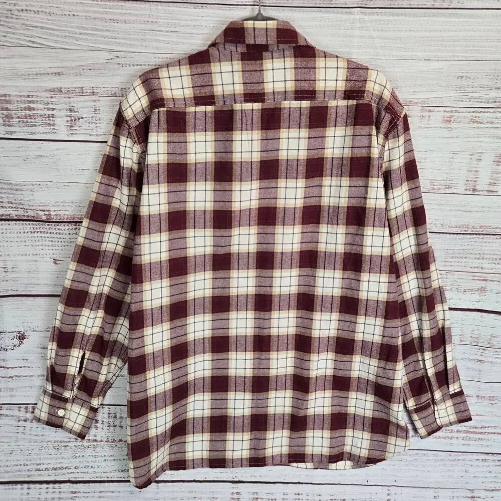 Levis Men Flannel L Burgundy Tan Check Soft Cotton Blend Casual Gorpcore Outdoor